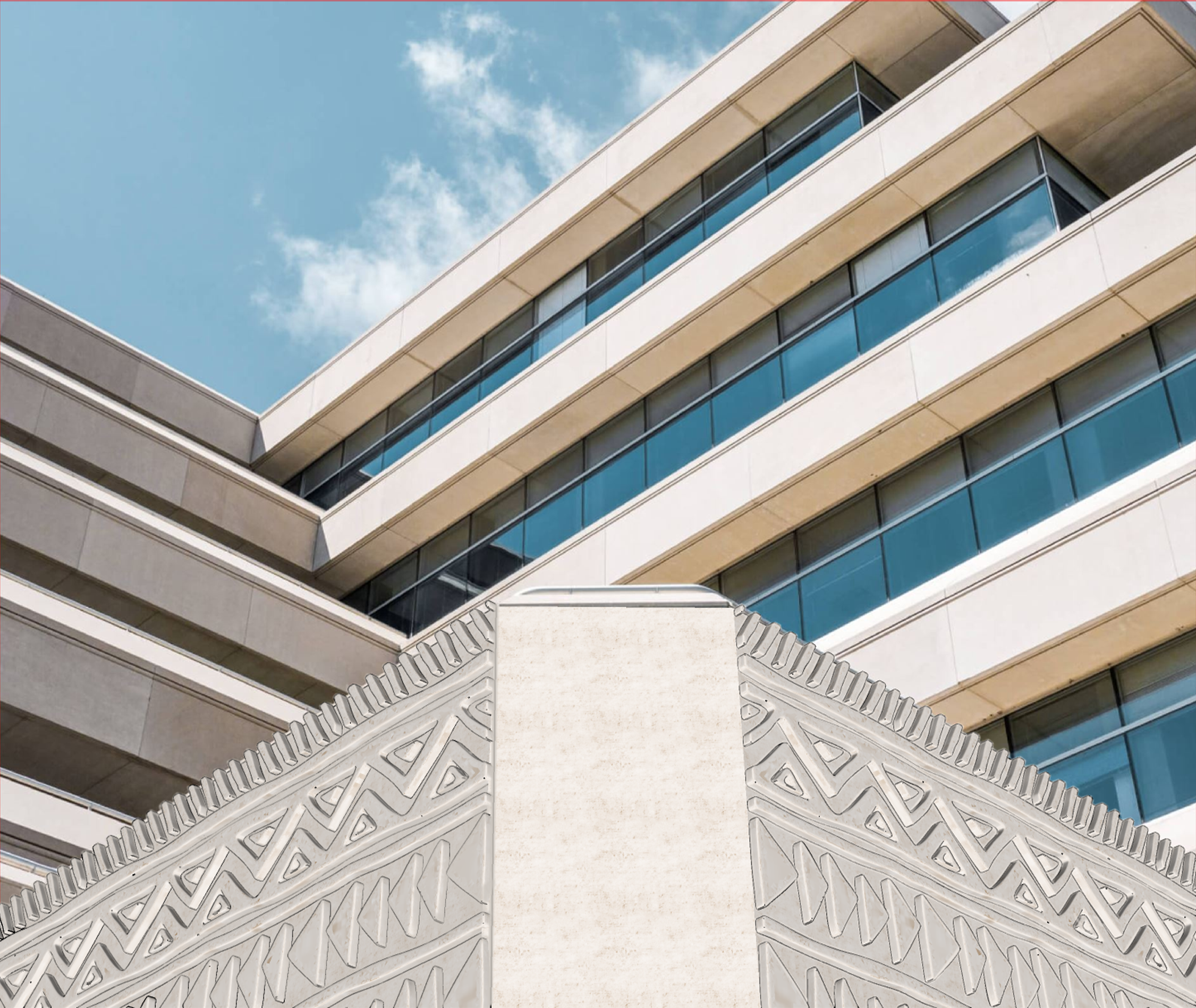 Building with decorative overlay facade
